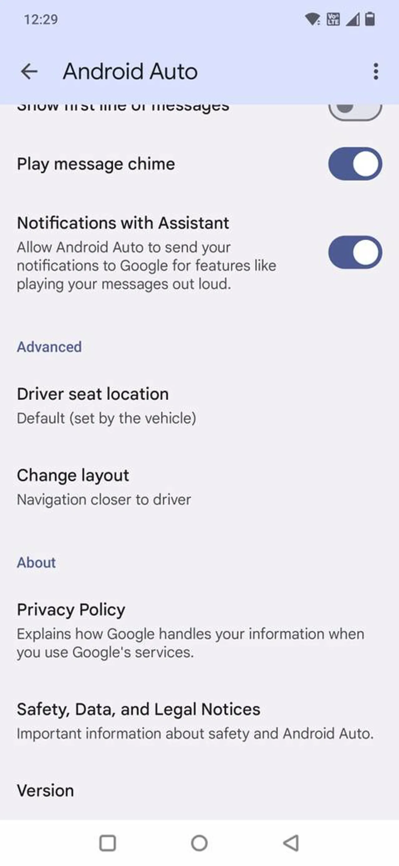 Android Auto ayarlarında Sürüm seçeneğini gösteren ekran görüntüsü