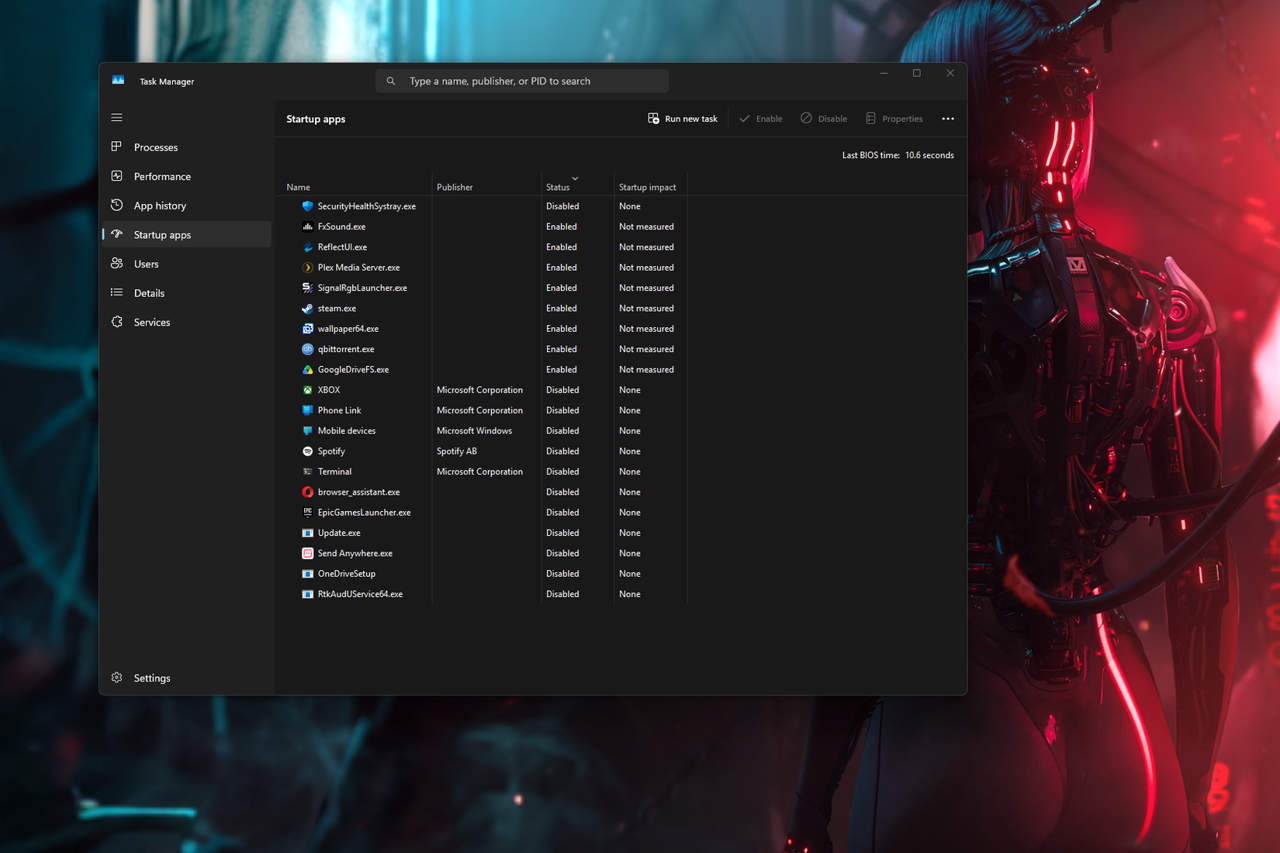 Windows 11 Görev Yöneticisi’nde Başlangıç uygulamaları sekmesinin ekran görüntüsü