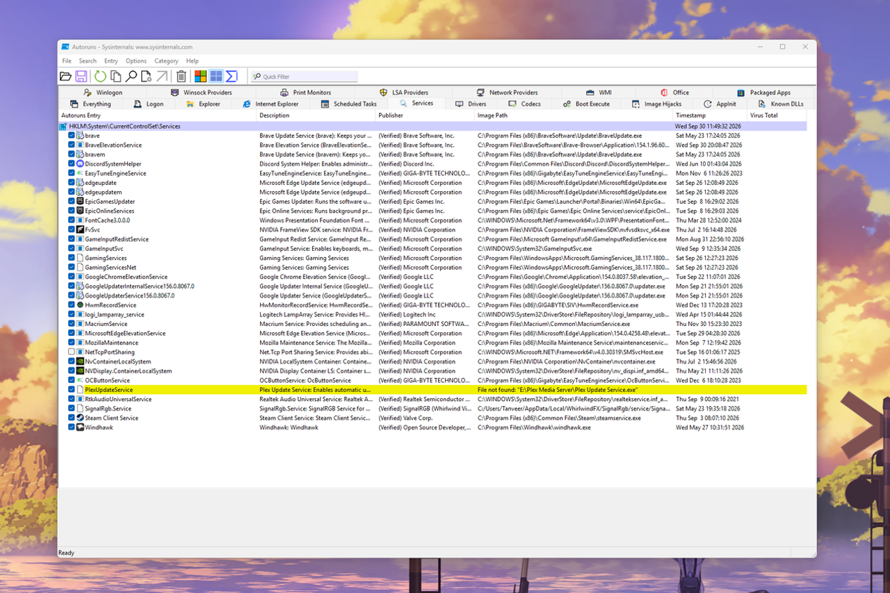 Windows 11 üzerinde Autoruns aracının Hizmetler sekmesini gösteren ekran görüntüsü