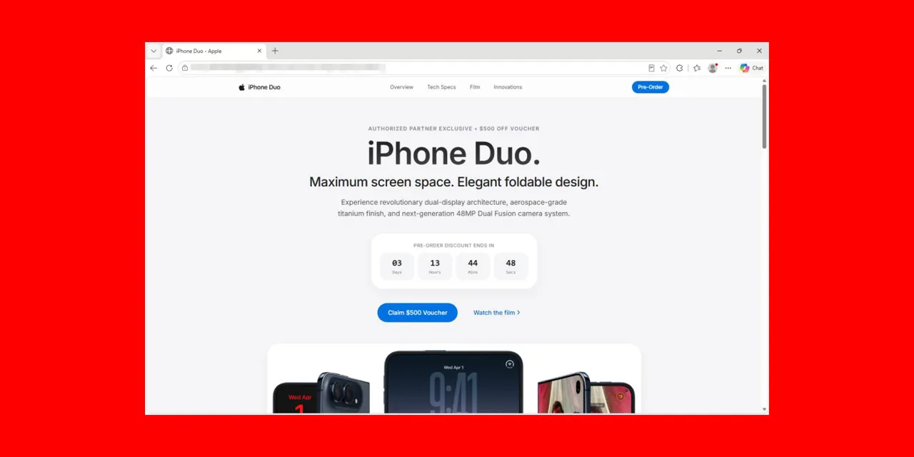 Sahte iPhone Duo ön sipariş sayfası kripto cüzdan verilerini çalabiliyor | Görselde sahte web sayfasının ekran görüntüsü yer alıyor