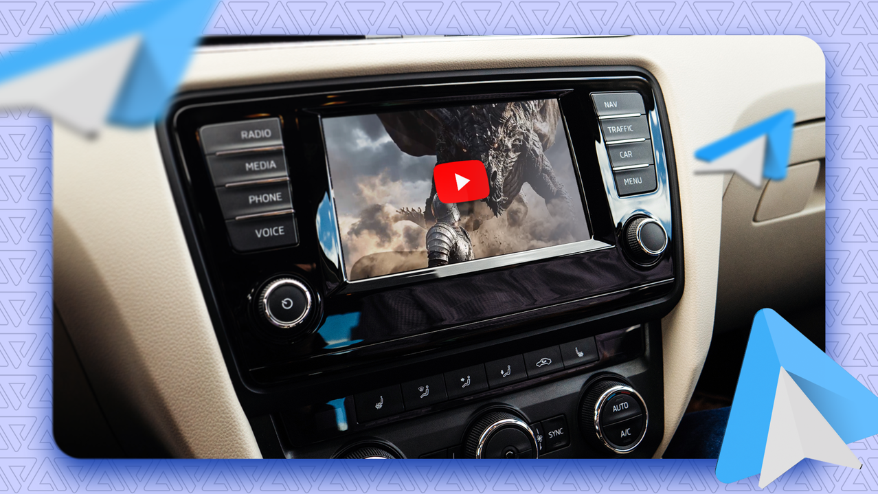 Car dashboard screen showing Android Auto playing a YouTube video.