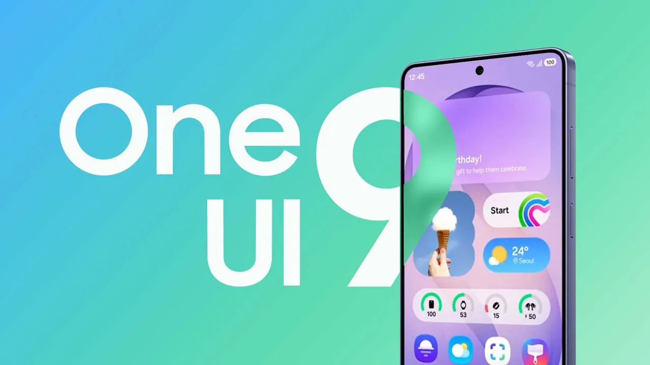 Renkli gradyan arka planında One UI 9 görüntüsü gösteren Samsung Galaxy telefonu