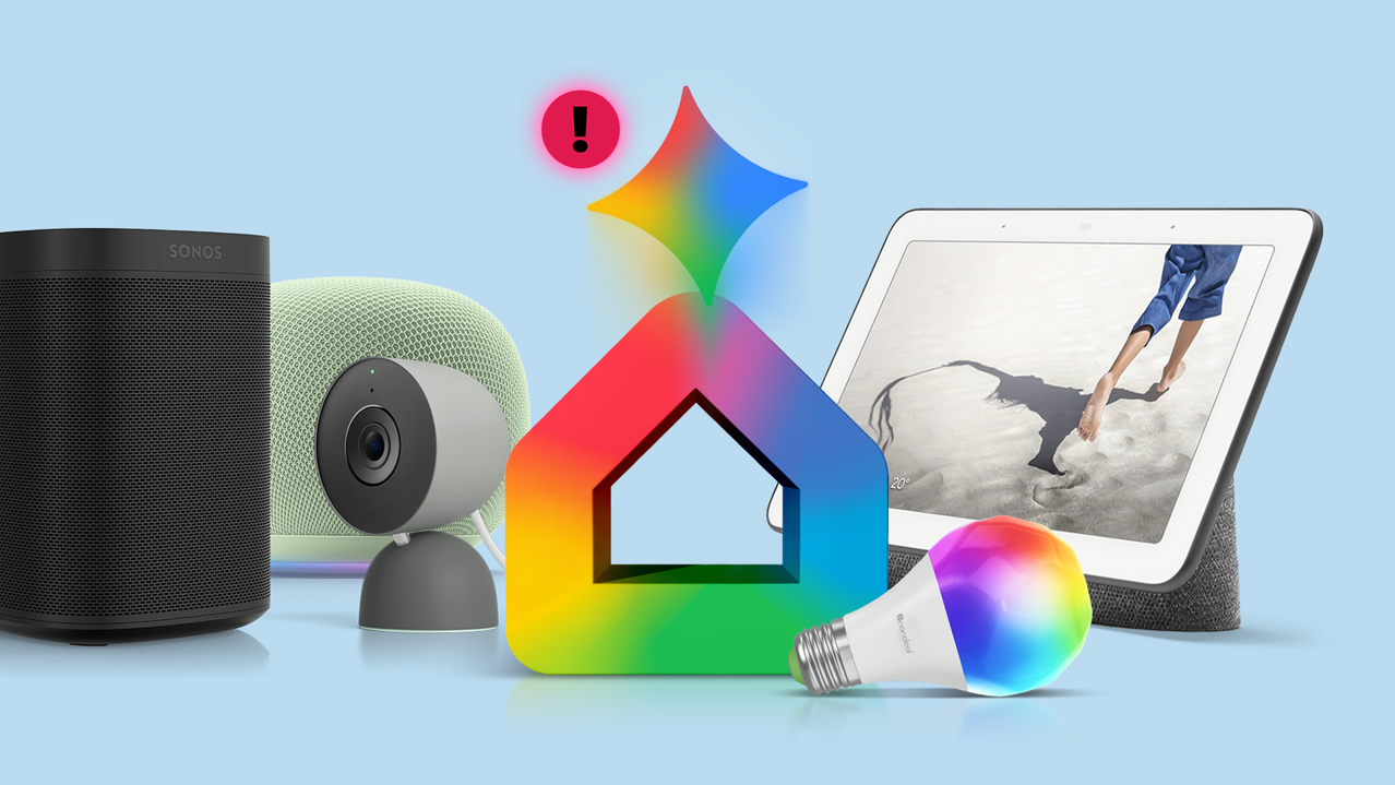 Gemini ve Google Home simgeleri ile uyarı işareti bulunan Google akıllı ev cihazları.