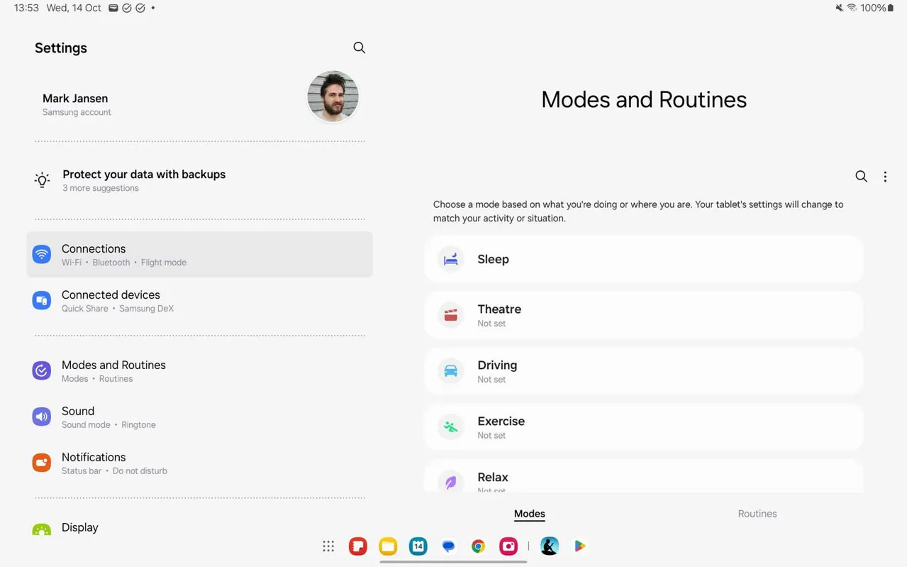 The main Modes and Routines menu screen.