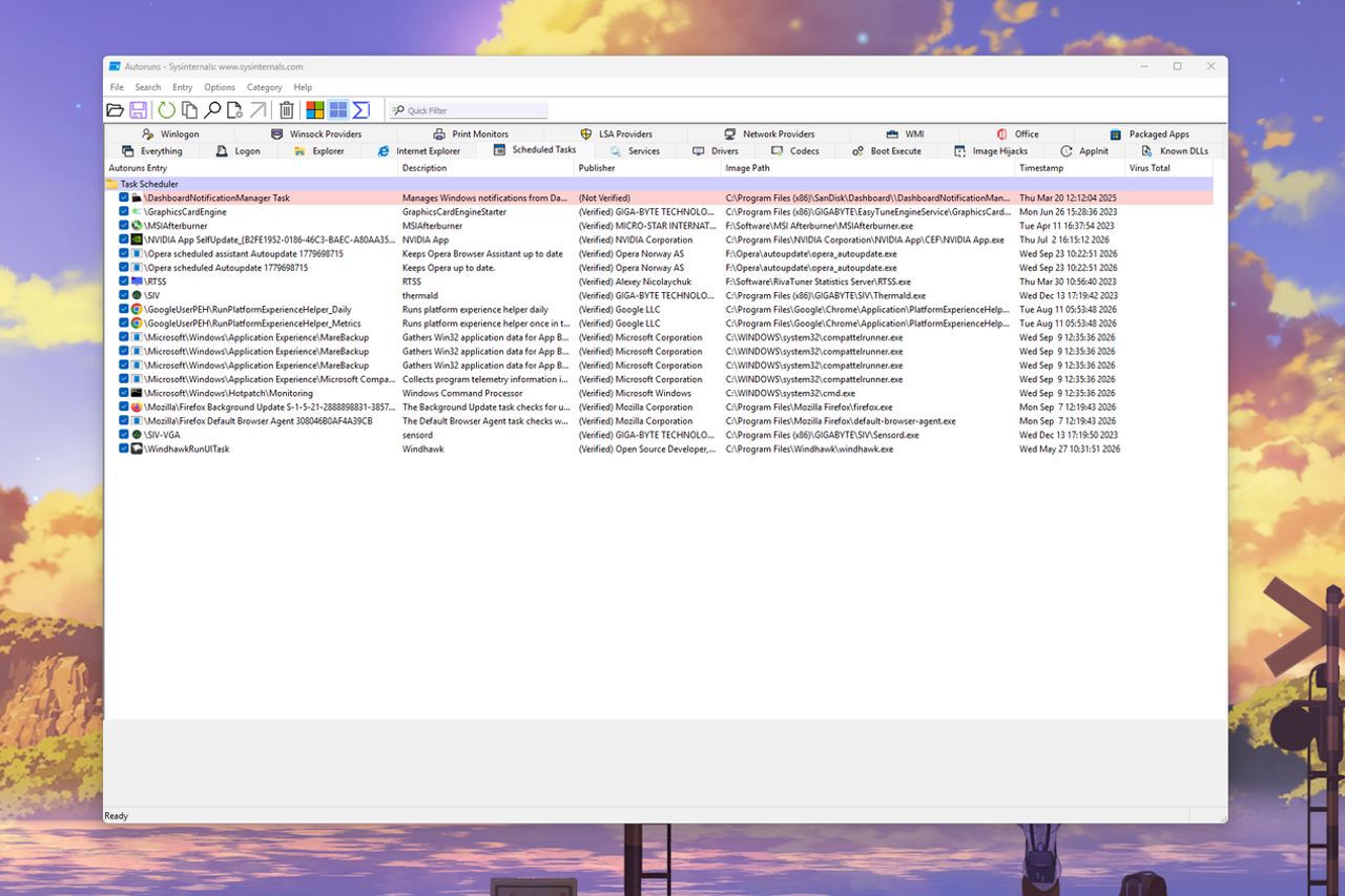 Windows 11 üzerinde Autoruns aracının Zamanlanmış Görevler sekmesini gösteren ekran görüntüsü