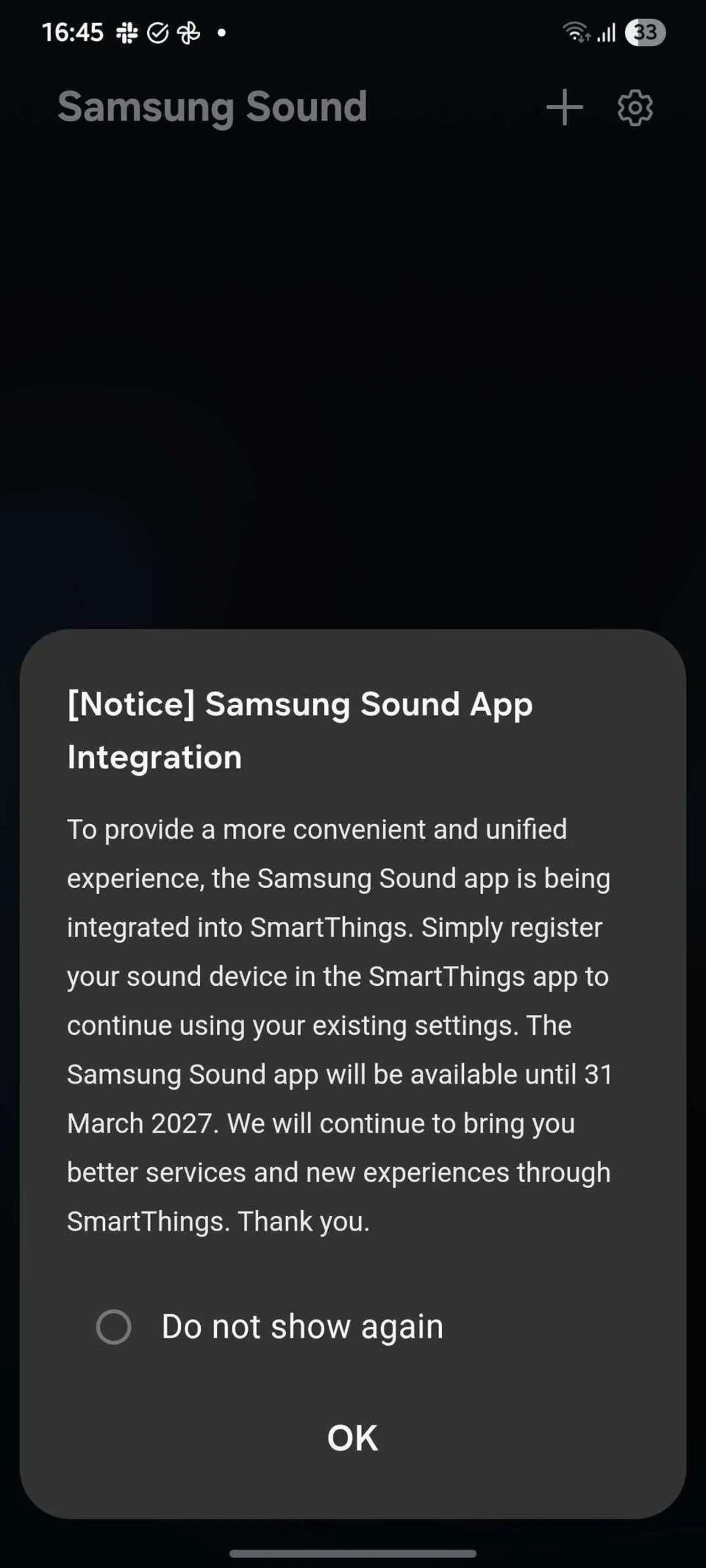 Samsung Sound uygulamasının sonlandırılacağını bildiren ekran görüntüsü