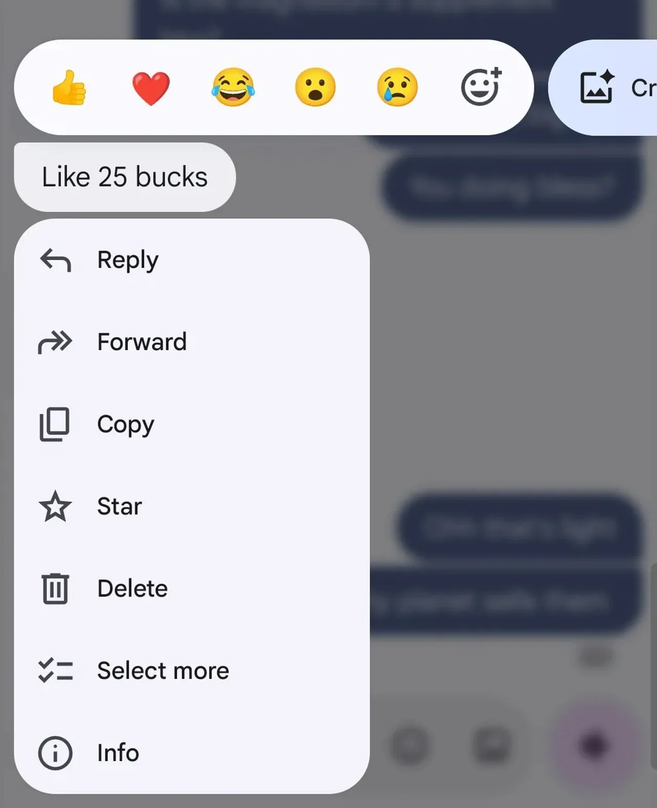Google Messages’ta yeni uzun basma menüsü