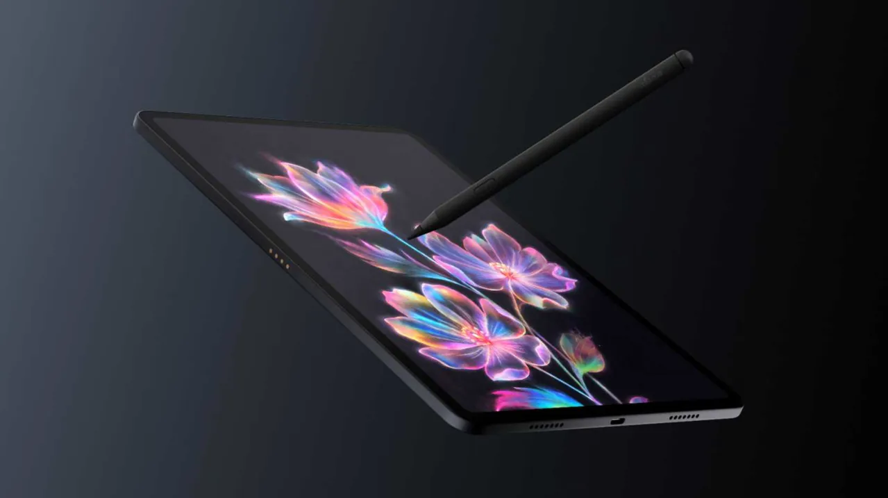 Amazon Alexa Tablet 12 with stylus floating in the air on black background