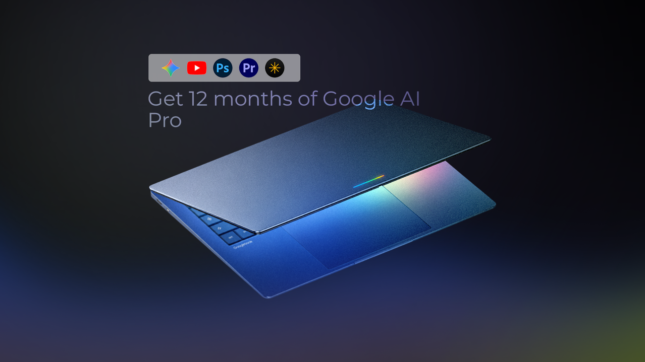 Googlebook laptop with Google AI Pro and bundled app icons.