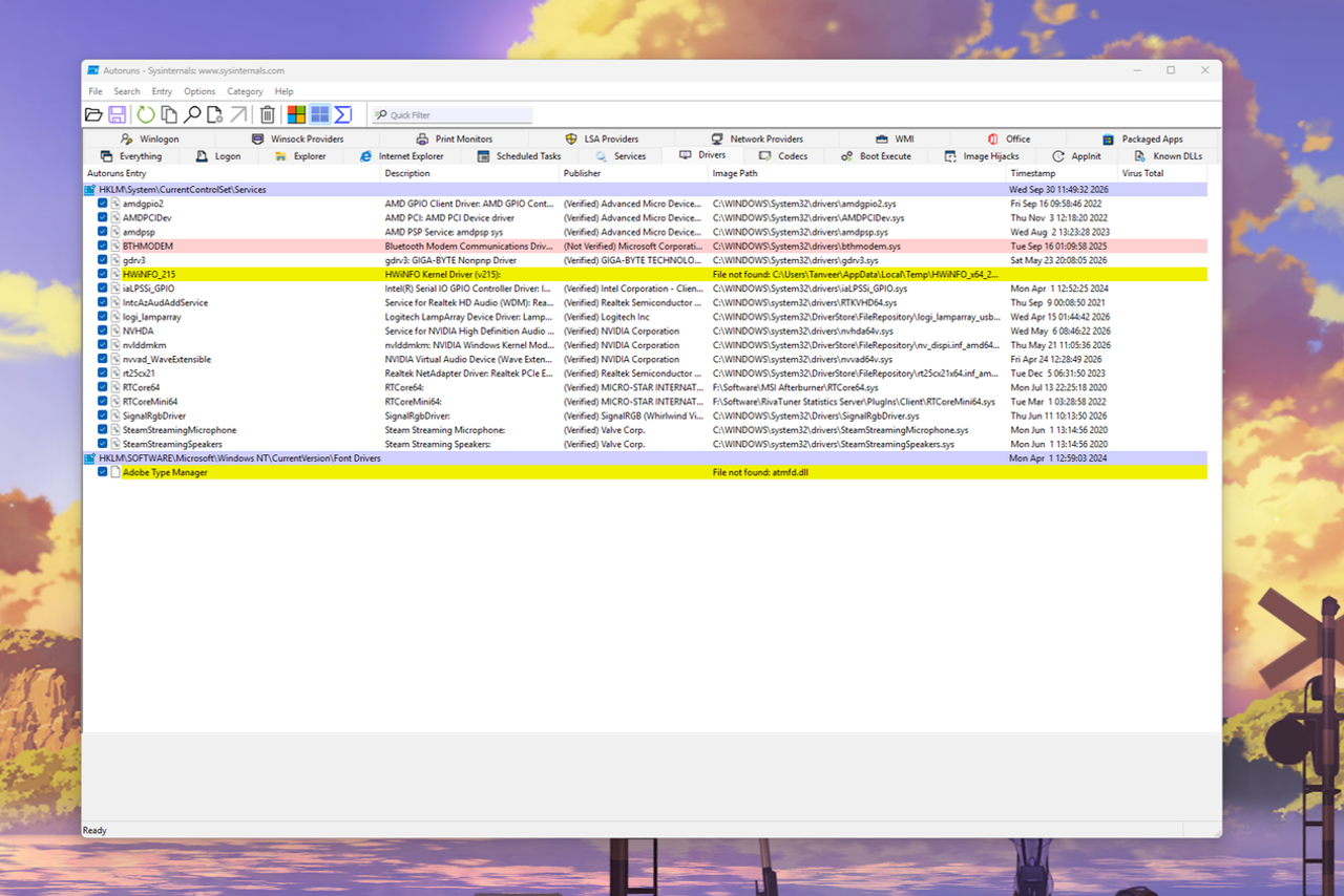 Windows 11 üzerinde Autoruns aracının Sürücüler sekmesini gösteren ekran görüntüsü