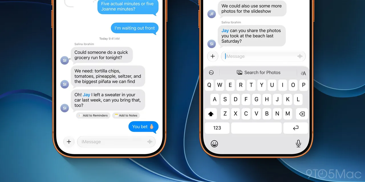 Apple'ın Mesajlar uygulamasındaki yapay zekâ önerileri rahatsız ediyorsa bir çözüm var | Ekran görüntüsü, özelliğin iki örneğini gösteriyor