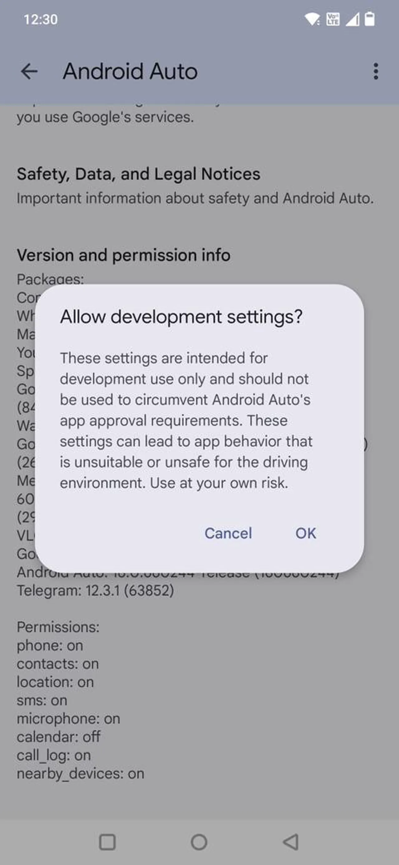 Android Auto'da geliştirici ayarları iletişim kutusunu gösteren ekran görüntüsü