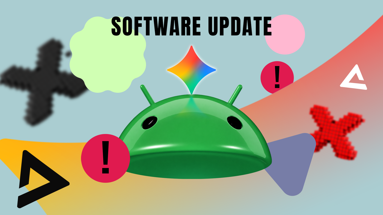 Yazılım güncellemesi ekranının altında Android maskotu, Gemini ve uyarı simgeleri