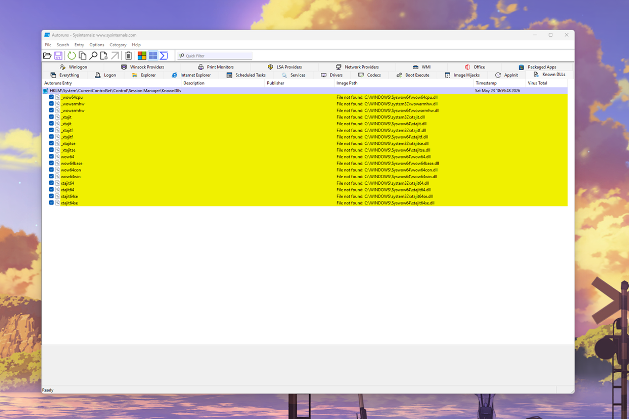 Windows 11 üzerinde Autoruns aracının Bilinen DLL’ler sekmesini gösteren ekran görüntüsü