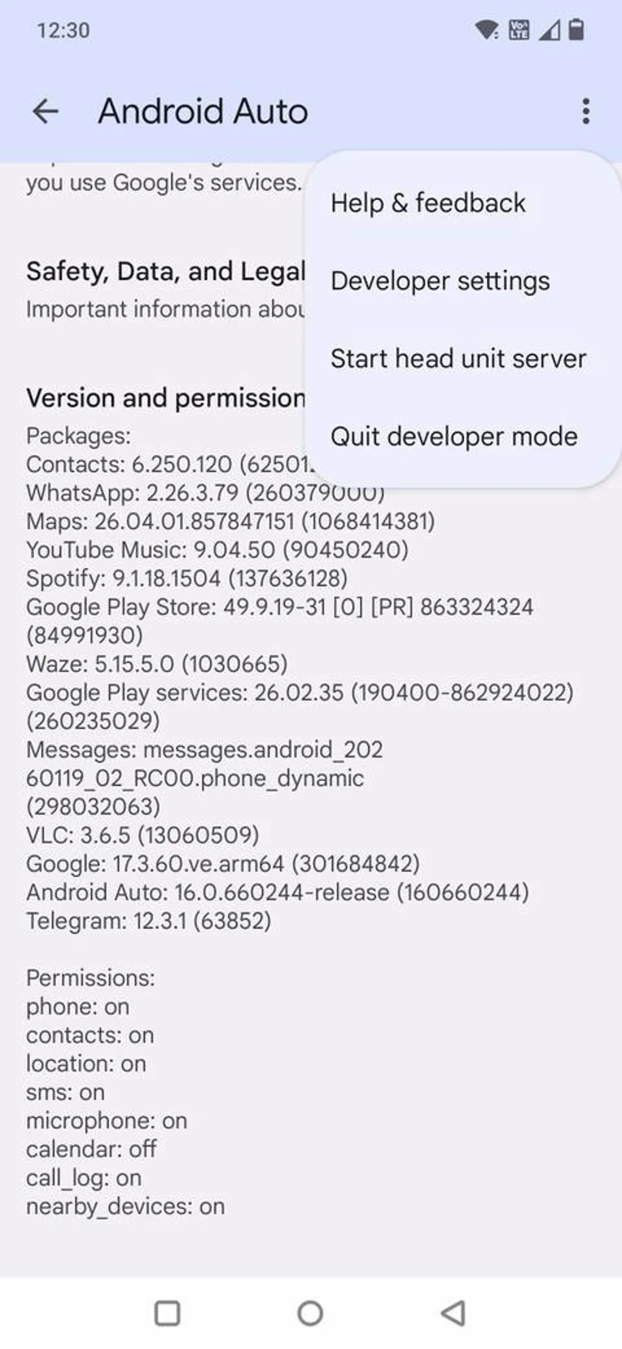 Screenshot showing the Developer settings option in Android Auto