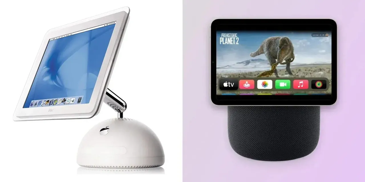Apple’ın HomePad akıllı ev merkezinin 13 Ekim’de piyasaya çıkması bekleniyor | Görselde iMac G4 ve HomePad maketi yan yana görülüyor