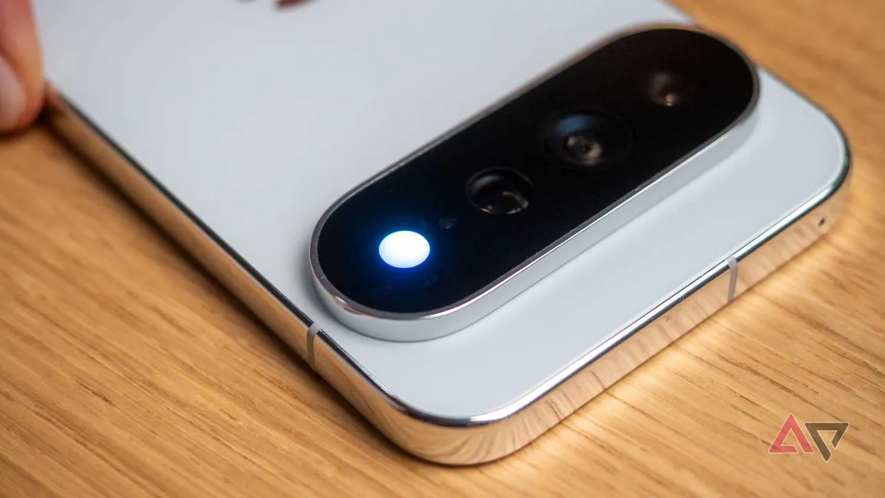 Google Pixel 11 Pro XL’in Fog rengiyle, HiLight’ın mavi kişi bildirim ışığını göstermesi