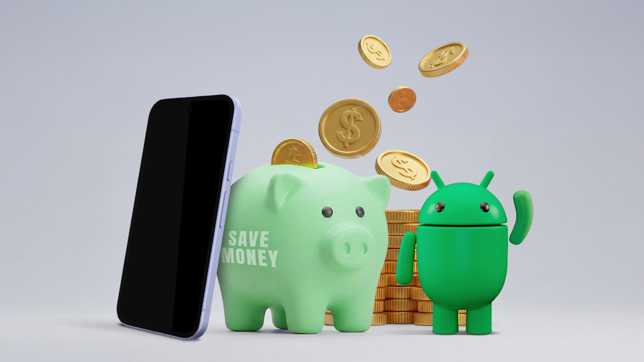 Altın paraların altında bir akıllı telefon, para biriktirme piggy bankı ve yeşil Android maskotu.