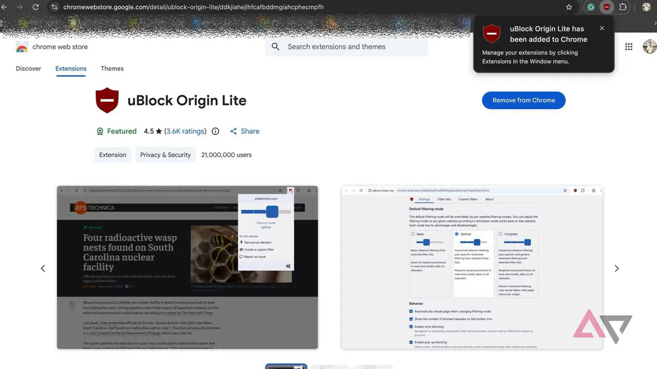 Screenshot showing uBlock Origin on Chrome web store